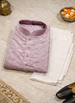 Lavender color silver and mate sequence embroidery work silk kurta payjama set 5