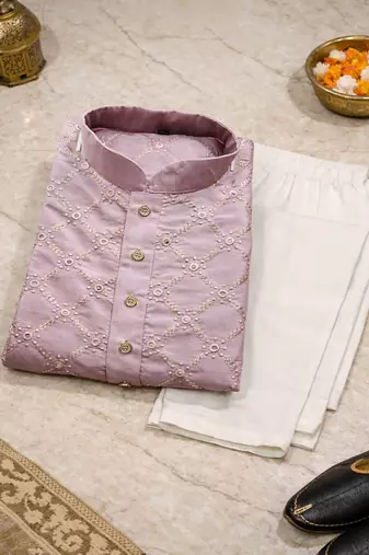 Lavender color silver and mate sequence embroidery work silk kurta payjama set