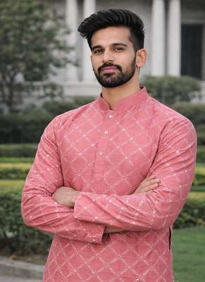 Pink color silver and mate sequence embroidery work silk kurta payjama set 2