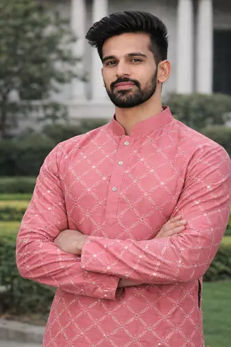 Pink color silver and mate sequence embroidery work silk kurta payjama set