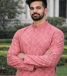 Pink color silver and mate sequence embroidery work silk kurta payjama set