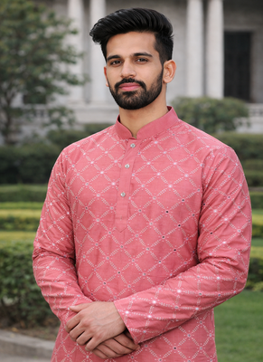 Pink color silver and mate sequence embroidery work silk kurta payjama set 3