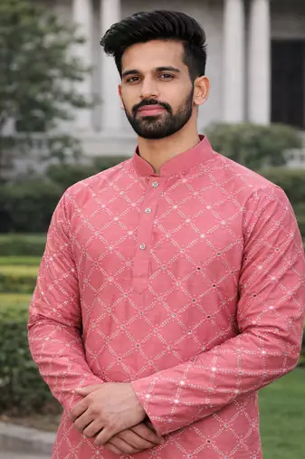 Pink color silver and mate sequence embroidery work silk kurta payjama set