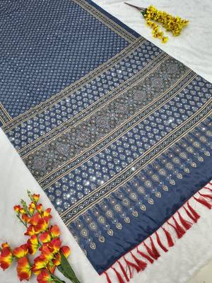 Blue Color Printed and  Real Mirror Work  Chinon art silk saree 1