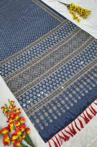 Blue Color Printed and  Real Mirror Work  Chinon Silk Saree