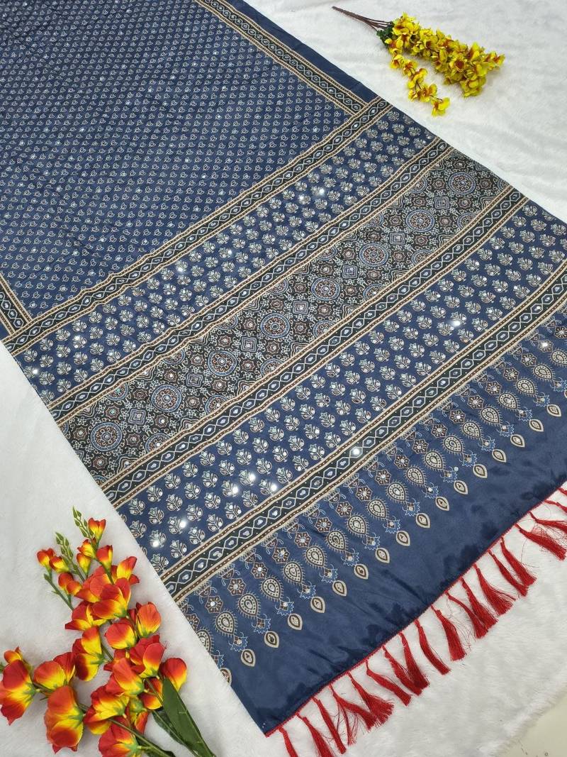 Blue Color Printed and  Real Mirror Work  Chinon Silk Saree
