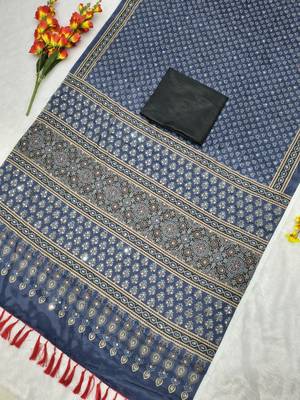 Blue Color Printed and  Real Mirror Work  Chinon art silk saree 2