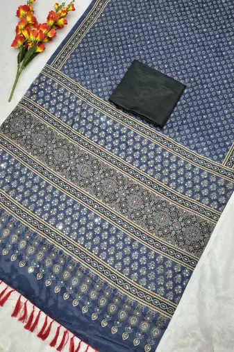 Blue Color Printed and  Real Mirror Work  Chinon art silk saree