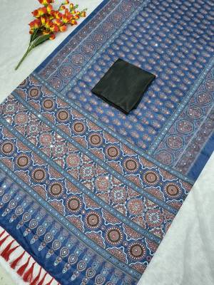 Blue Color Printed and  Real Mirror Work  Chinon art silk saree 3