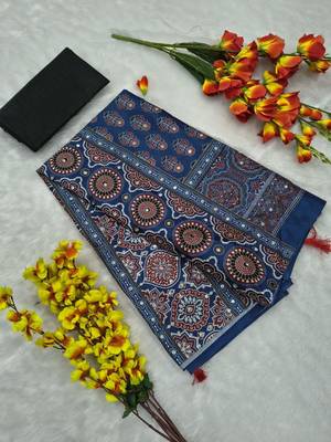 Blue Color Printed and  Real Mirror Work  Chinon art silk saree 4