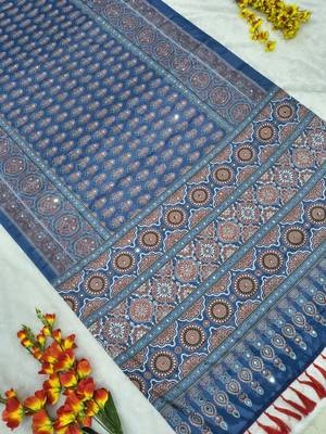 Blue Color Printed and  Real Mirror Work  Chinon art silk saree 5