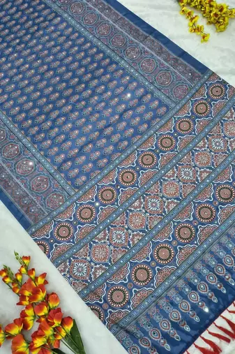 Blue Color Printed and  Real Mirror Work  Chinon art silk saree