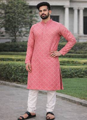 Pink color silver and mate sequence embroidery work silk kurta payjama set 1