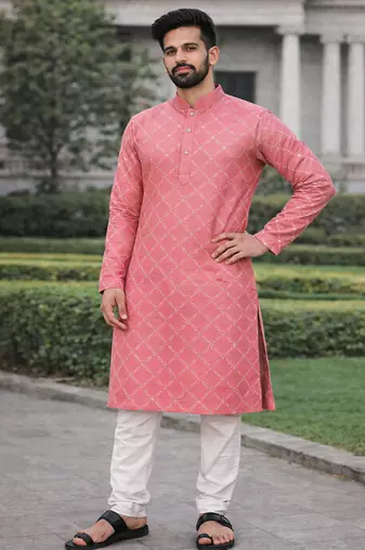 Pink color silver and mate sequence embroidery work silk kurta payjama set