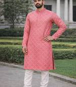 Pink color silver and mate sequence embroidery work silk kurta payjama set