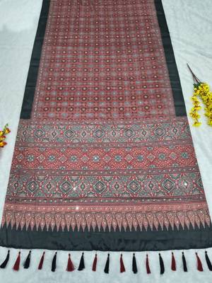 Red Color Printed and  Real Mirror Work  Chinon art silk saree 3