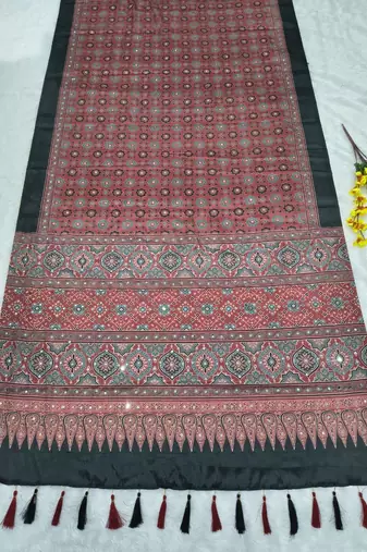Red Color Printed and  Real Mirror Work  Chinon art silk saree
