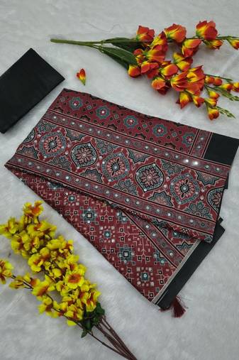 Red Color Printed and  Real Mirror Work  Chinon Silk Saree