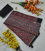 Red Color Printed and  Real Mirror Work  Chinon Silk Saree