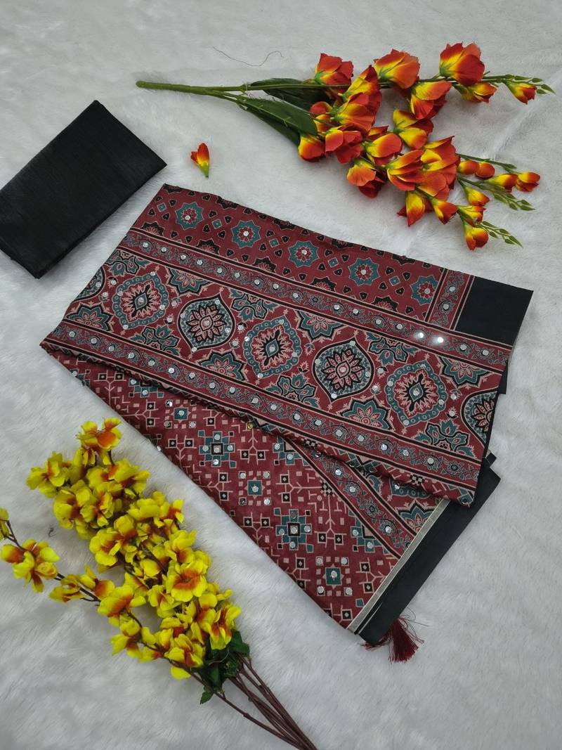 Red Color Printed and  Real Mirror Work  Chinon Silk Saree