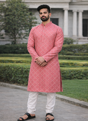Pink color silver and mate sequence embroidery work silk kurta payjama set 4