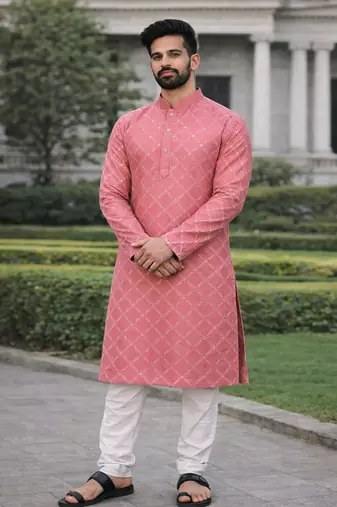 Pink color silver and mate sequence embroidery work silk kurta payjama set