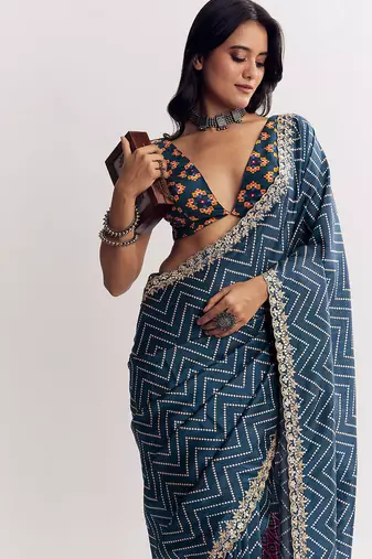 Manipuri silk blend printed saree with embroidery lace border elegant ethnic wear for women