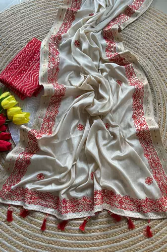 Off-White Color  gotapatti work & zari weaving border Tussar Silk Saree