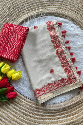 Off-White Color  gotapatti work & zari weaving border Tussar Silk Saree