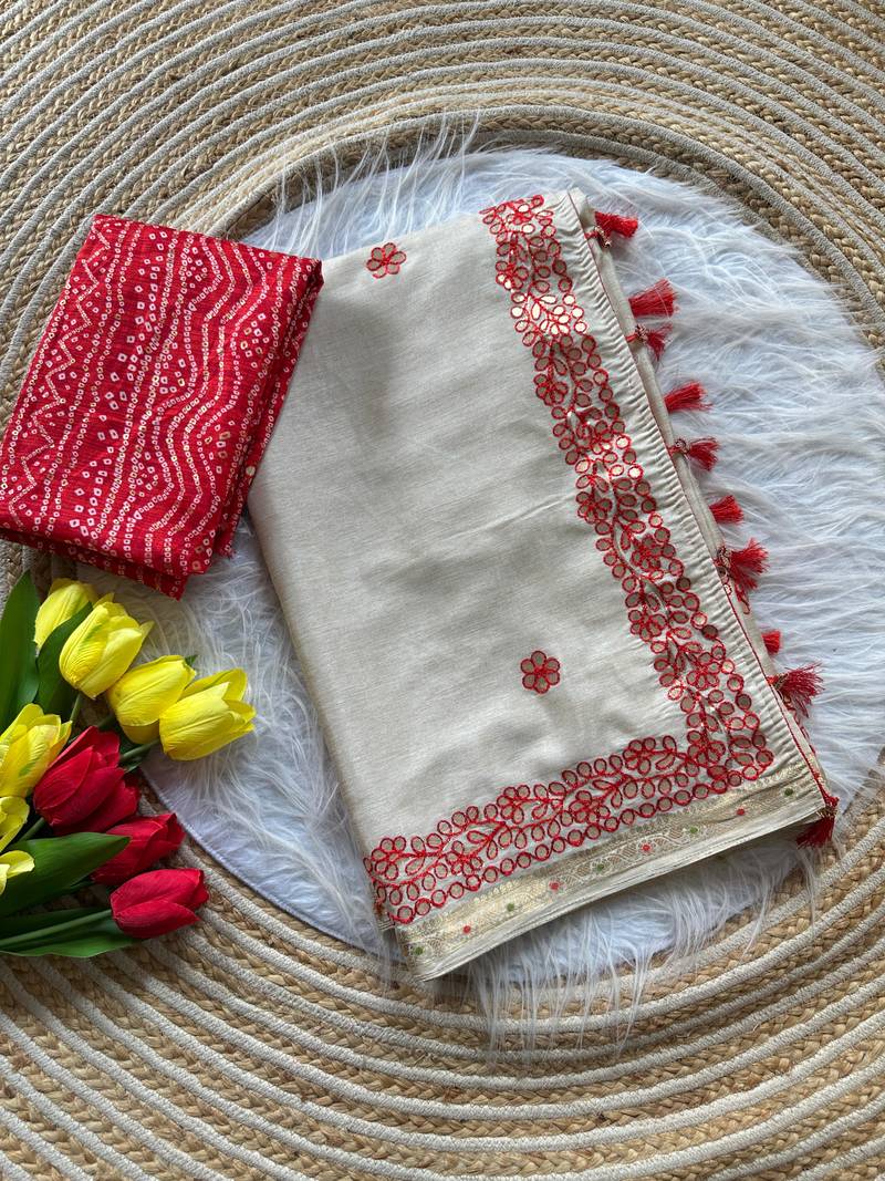 Off-White Color  gotapatti work & zari weaving border Tussar Silk Saree