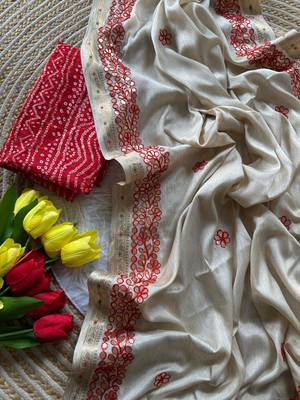 Off-White Color  gotapatti work & zari weaving border Tussar Silk Saree 4