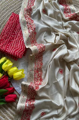 Off-White Color  gotapatti work & zari weaving border Tussar Silk Saree