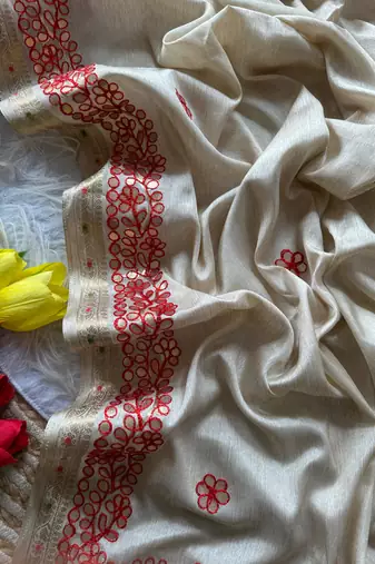 Off-White Color  gotapatti work & zari weaving border Tussar Silk Saree