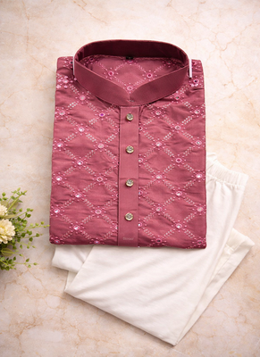 Pink color silver and mate sequence embroidery work silk kurta payjama set 5