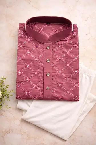 Pink color silver and mate sequence embroidery work silk kurta payjama set