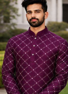 Purple color silver and mate sequence embroidery work silk kurta payjama set 2