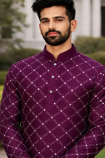 Purple color silver and mate sequence embroidery work silk kurta payjama set