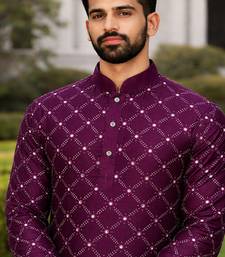 Purple color silver and mate sequence embroidery work silk kurta payjama set