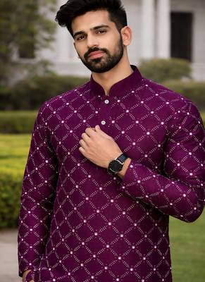 Purple color silver and mate sequence embroidery work silk kurta payjama set 3