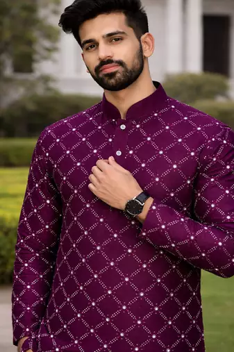 Purple color silver and mate sequence embroidery work silk kurta payjama set