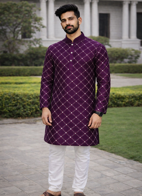 Purple color silver and mate sequence embroidery work silk kurta payjama set 4