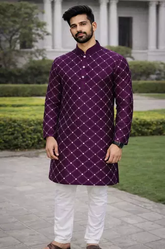 Purple color silver and mate sequence embroidery work silk kurta payjama set