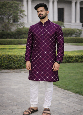 Purple color silver and mate sequence embroidery work silk kurta payjama set 1