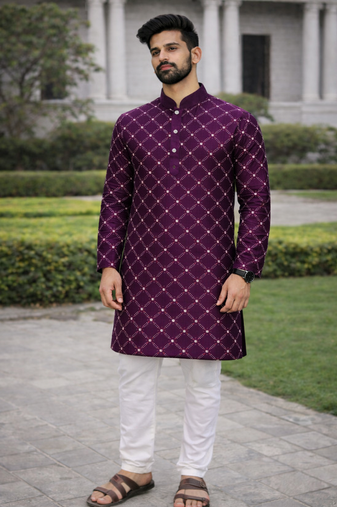 Purple color silver and mate sequence embroidery work silk kurta payjama set