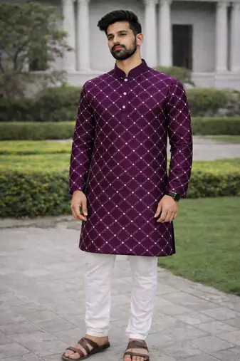 Purple color silver and mate sequence embroidery work silk kurta payjama set