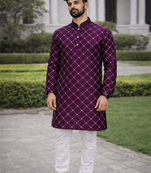Purple color silver and mate sequence embroidery work silk kurta payjama set