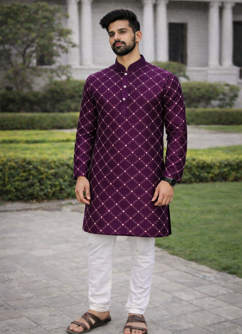 Purple color silver and mate sequence embroidery work silk kurta payjama set