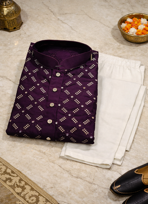 Purple color silver and mate sequence embroidery work silk kurta payjama set 5
