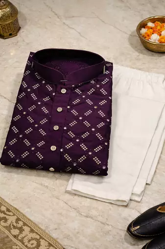 Purple color silver and mate sequence embroidery work silk kurta payjama set