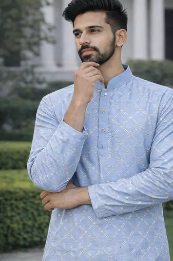 Sky blue color silver and mate sequence embroidery work silk kurta payjama set